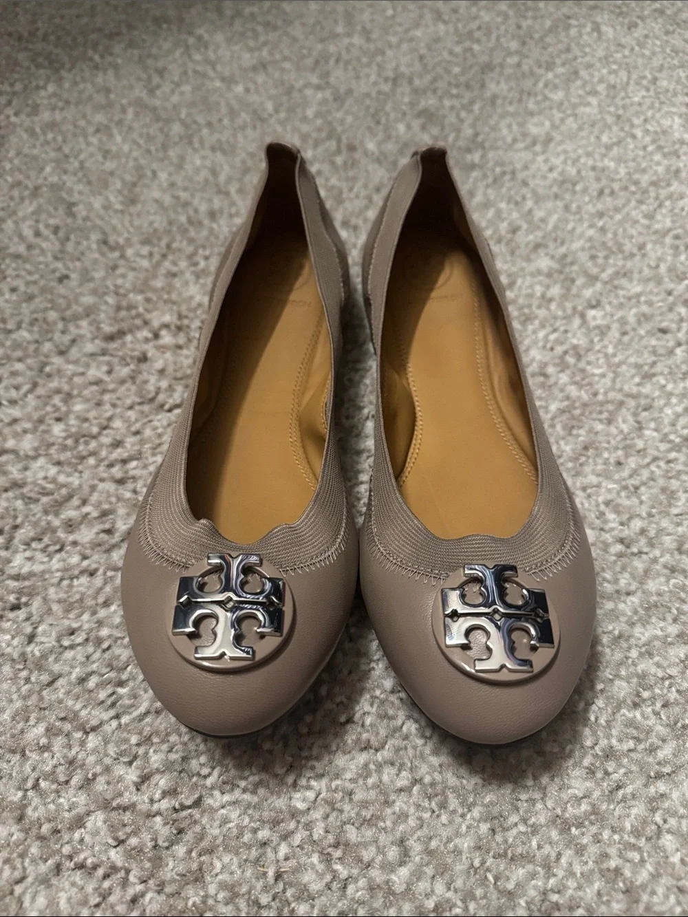 Tory Burch Taupe Leather Logo Ballet Flats